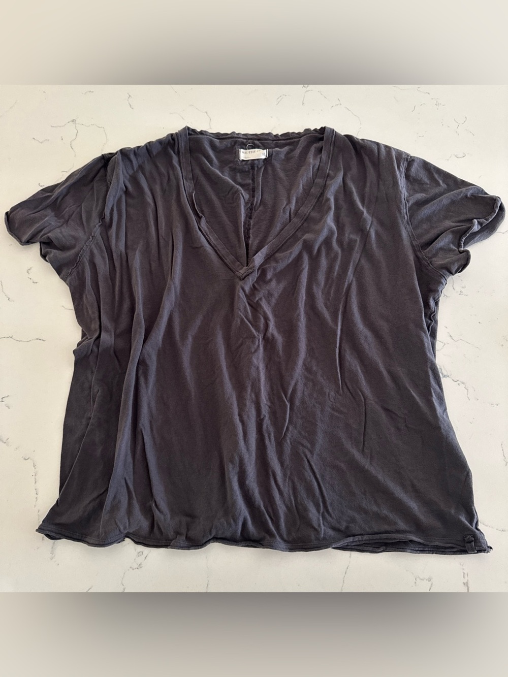 We The Free People Gray Cotton Tshirt V-neck Oversized Basic Raw Seams